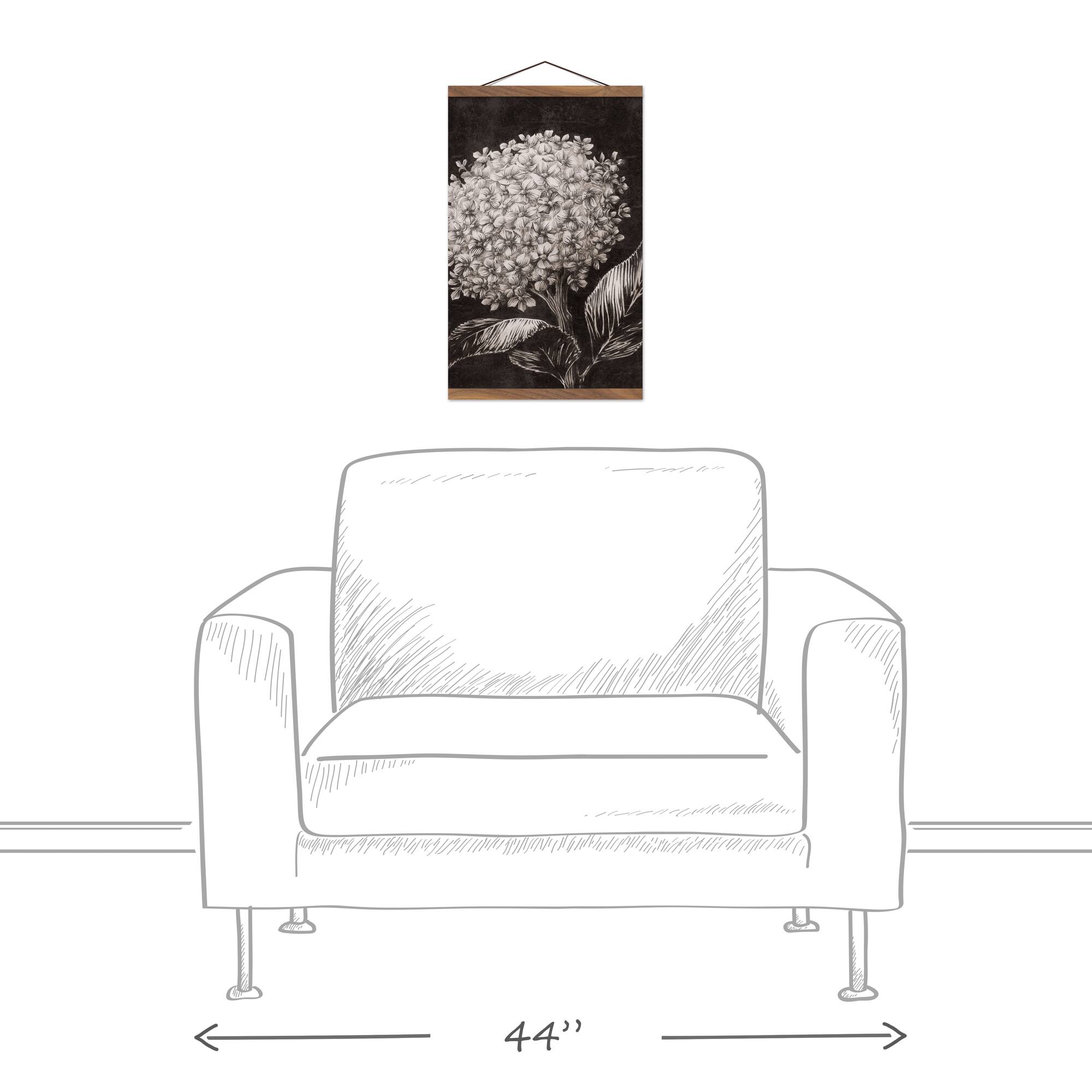 White Sketched Hydrangeas Teak Hanging Canvas
